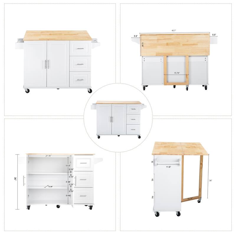 Kitchen Island with Extensible Wood Table Top, Mobile Island Table on Wheels, Kitchen Cart with Adjustable Shelf & 3 Drawers