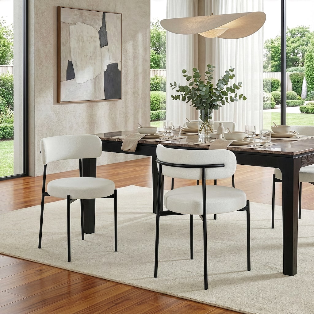 Set of 2 Avrom White Boucle Dining Chair with Black Metal Legs