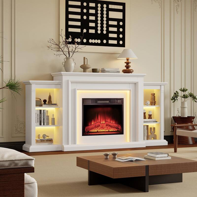 72 inch LED Electric Fireplace with Mantel Fireplace TV Stand Entertainment Center - White
