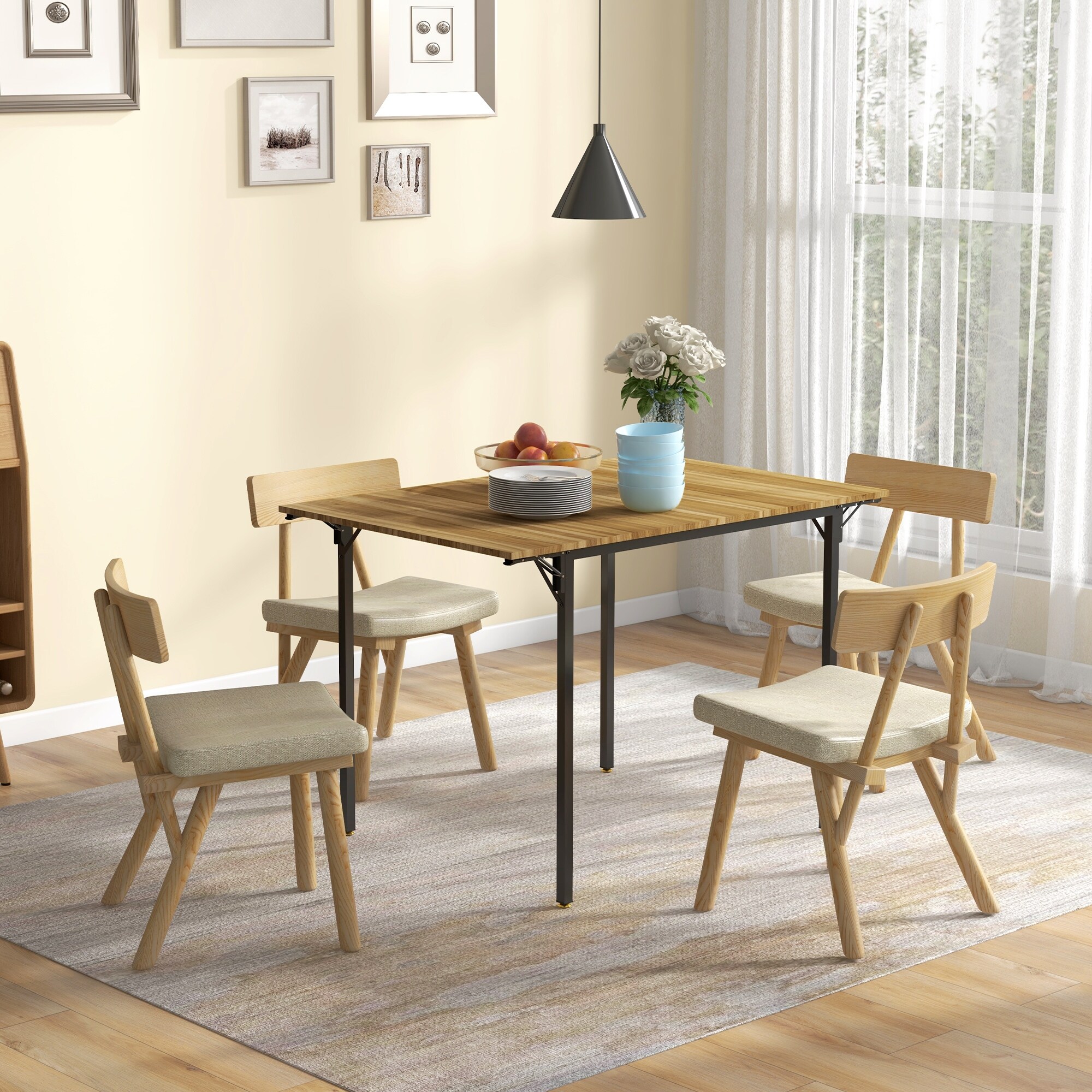 Drop Leaf Dining Table Foldable MDF Top Metal Frame Seats to