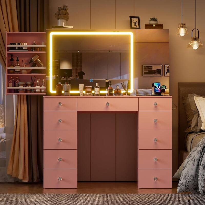 PAKASEPT Vanity Set with Lighted Mirror, Large Vanity Desk with Charging Station