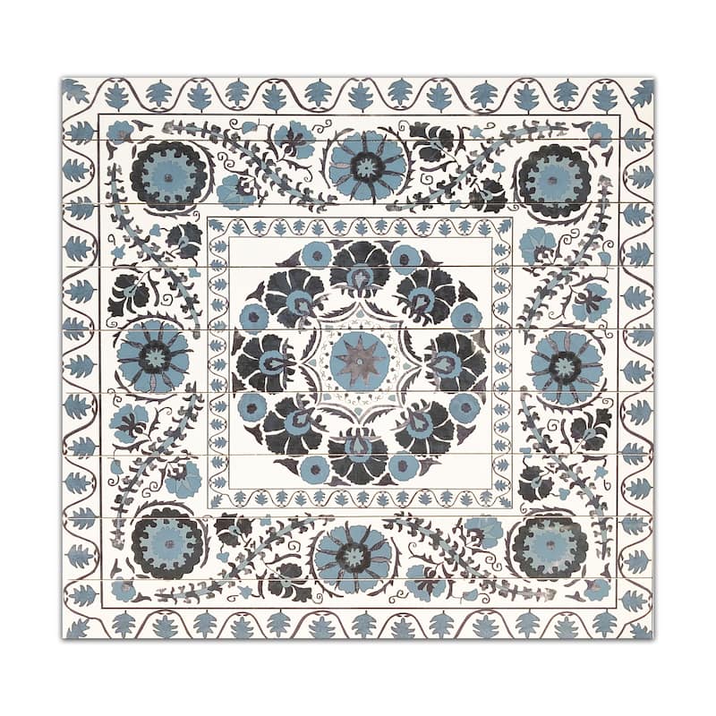 "Blue Suzani Pattern" Print on Planked Wood Wall Art