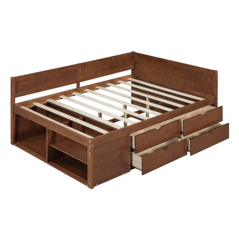 Pine Wood Daybed Frame with 4 Storage Drawers & Shelves