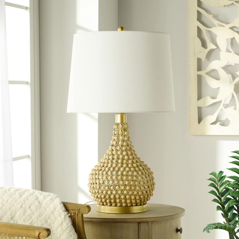 Medero Beaded Table Lamp - Fir Wood Beaded and Matte Gold Body - Off-White Shade