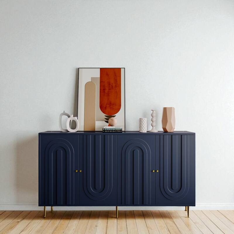 Modern Lacquered 4-Door Sideboard Buffet Cabinet with Adjustable Shelves and Gold Metal Legs, MDF Storage Cabinet. - Blue