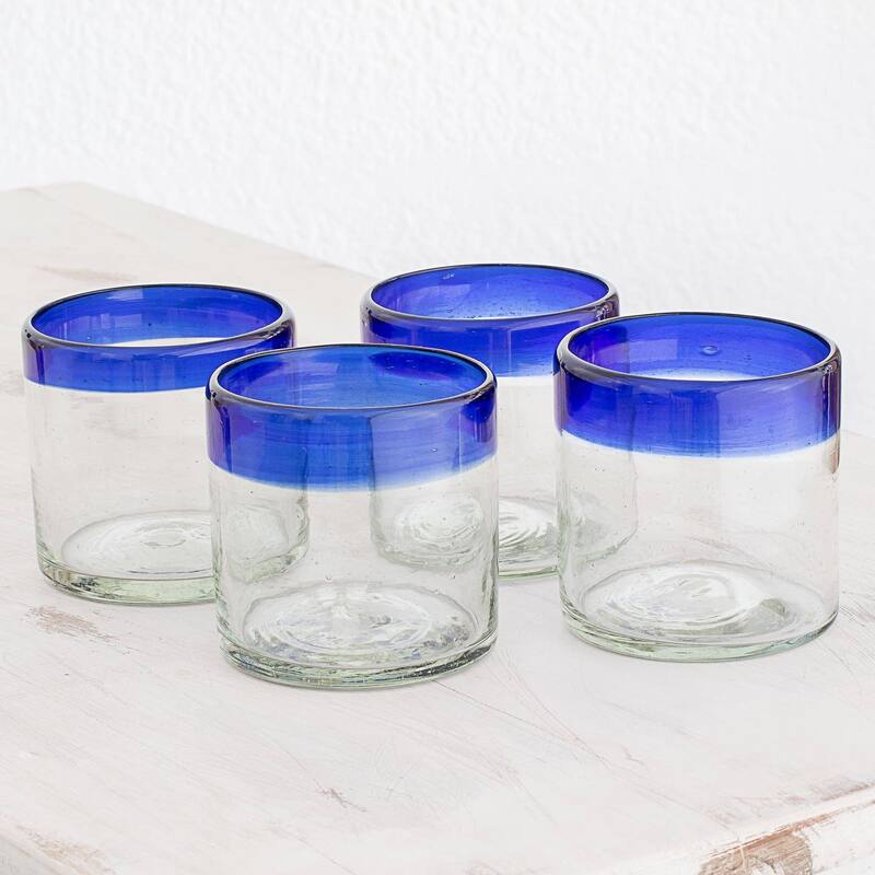 Handmade Sky Reflection Recycled Glass Rocks Glasses (Set Of 4) Guatemala - 3" H x 3" Diam.