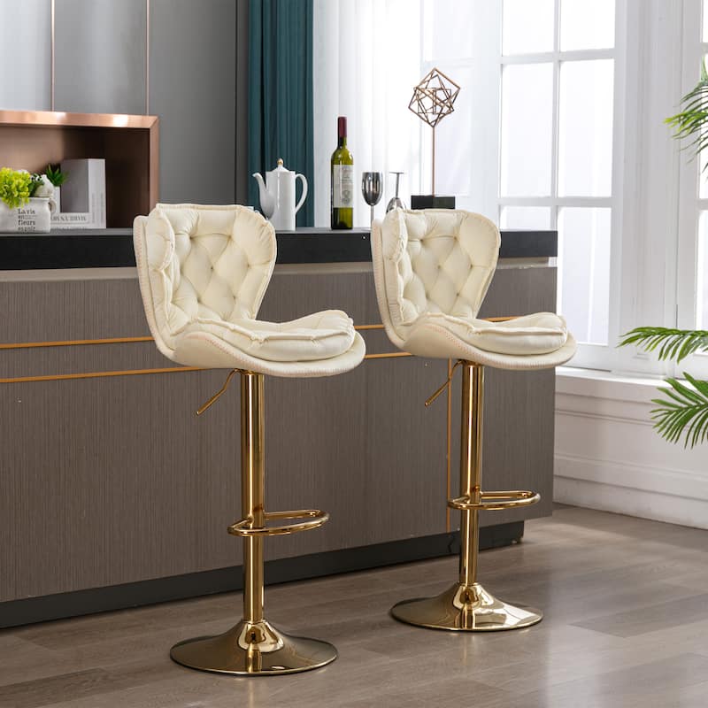 Set of 2 Adjustable Swivel Bar Stools, Cream Velvet with Chrome Footrest & Gold Legs