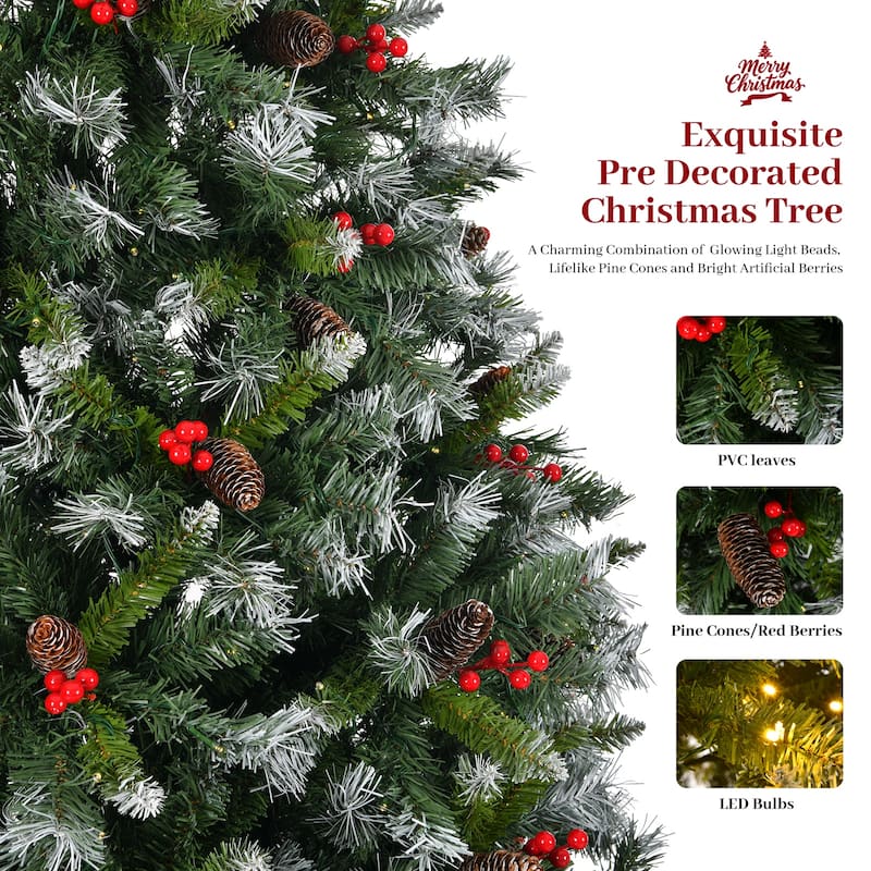 9ft Pre-Lit Pre-Decorated Pine Hinged Artificial Christmas Tree with 1740 Flocked Frosted Tips, Metal Base