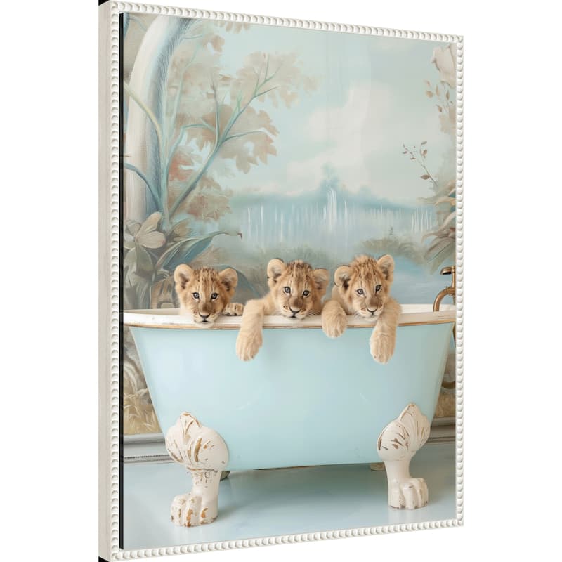 Blue Lagoon Lion Cubs by Niky Rahner Framed Canvas Wall Art