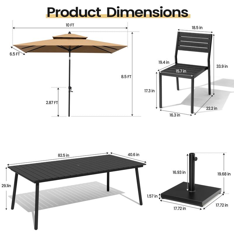11 PC Outdoor Patio Dining Set Wood-Like Aluminum Umbrella Hole Table with Stackable Chairs,Double Top Market Umbrella and Base