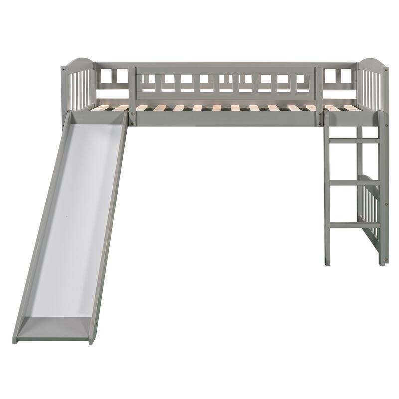 Wooden Twin Loft Bed, Twin Size Kids Play Loft Bed with Slide and Ladder, Solid Pine Low Loft Bed Frame with Safety Guardrail