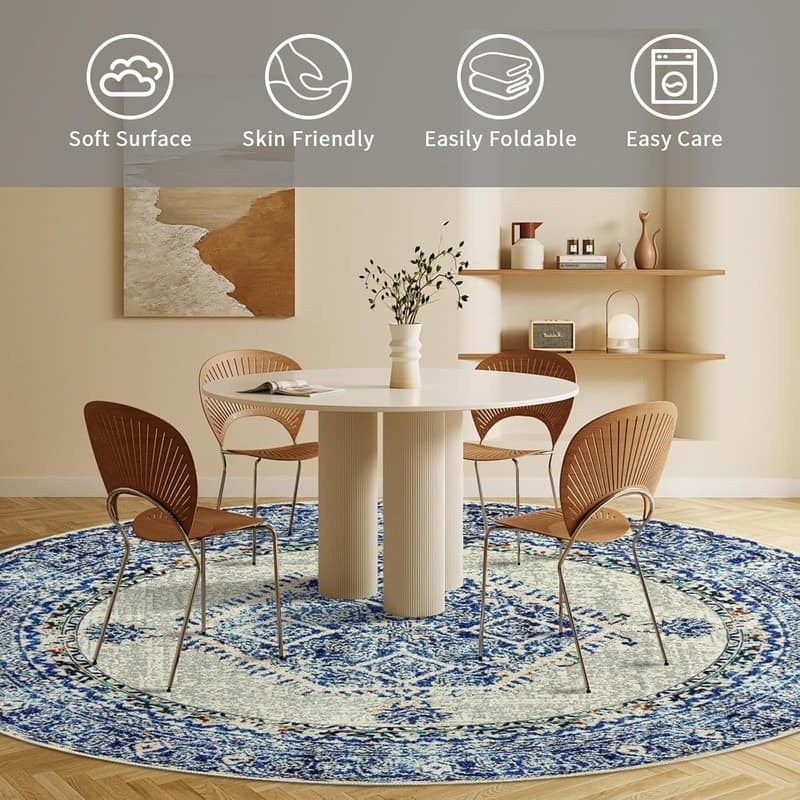 Round Rug 5ft Area Washable Boho Neutral Circle Rugs - 5' (Round)