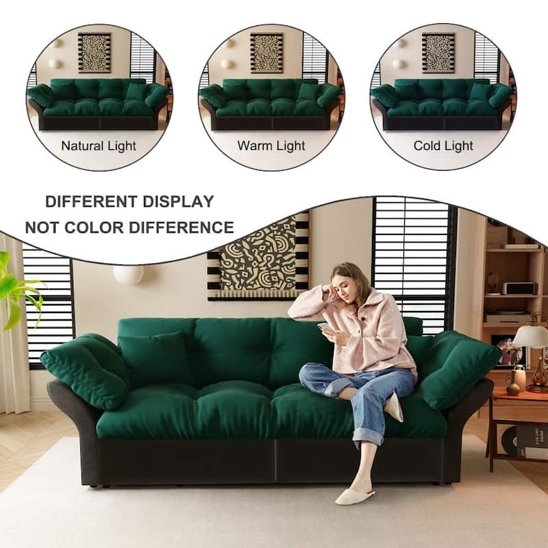74.8" Queen Pull Out 3-in-1 Convertible Sleeper Tufted Sofa with 2 Soft Pillows