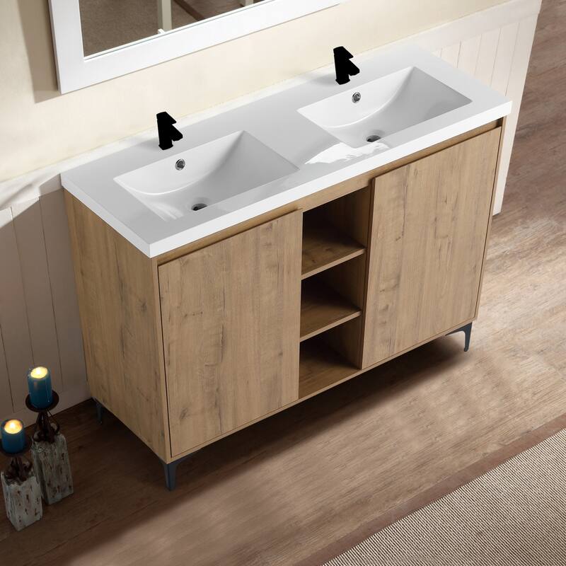 Modland 48" Freestanding Double Sink Vanity - Soft-Close Doors, Resin Top & Eco Plywood, Imitative Oak - 48 Inch - 48 Inch