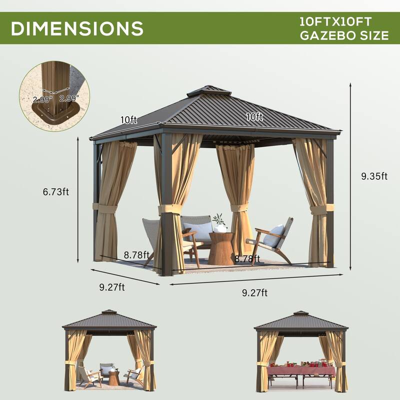 Erommy Hardtop Gazebo with Galvanized Steel Double Roof & Aluminum Frame, Outdoor Gazebo with Curtains and Nettings