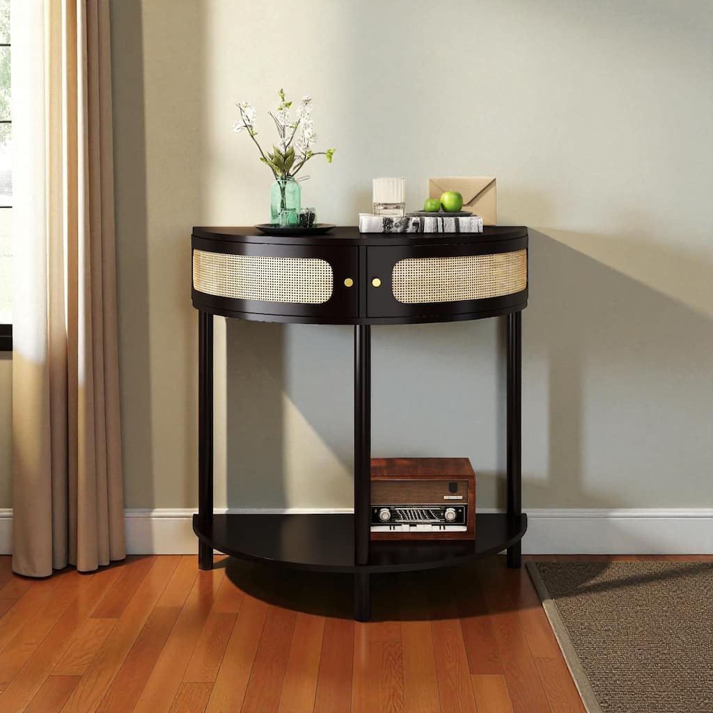31.5" Half Moon Console Table with Sliding Rattan Doors, 2 Storage Cabinets and Bottom Shelf for Entryway or Living Room