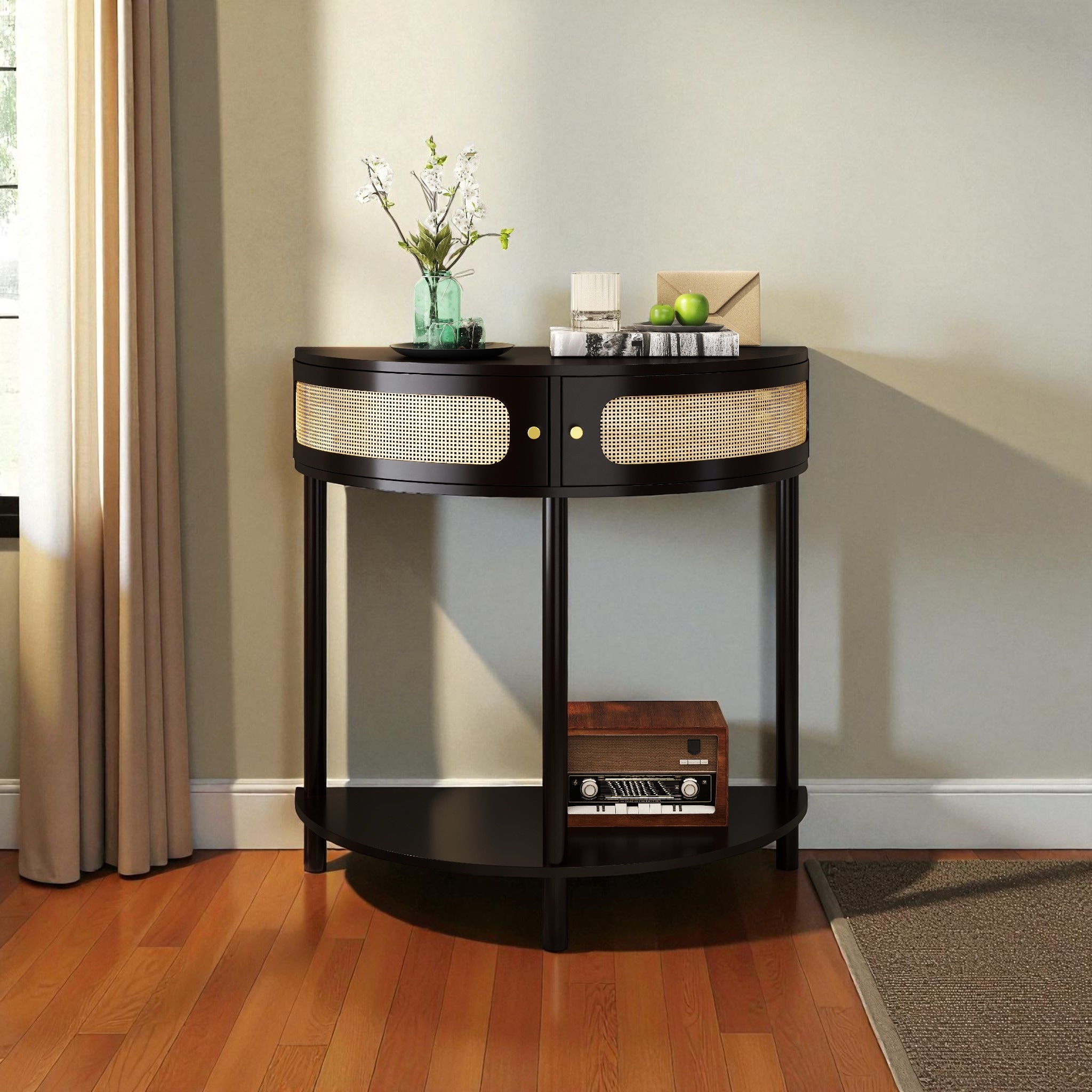 31.5" Half Moon Console Table with Sliding Rattan Doors, 2 Storage Cabinets and Bottom Shelf for Entryway or Living Room