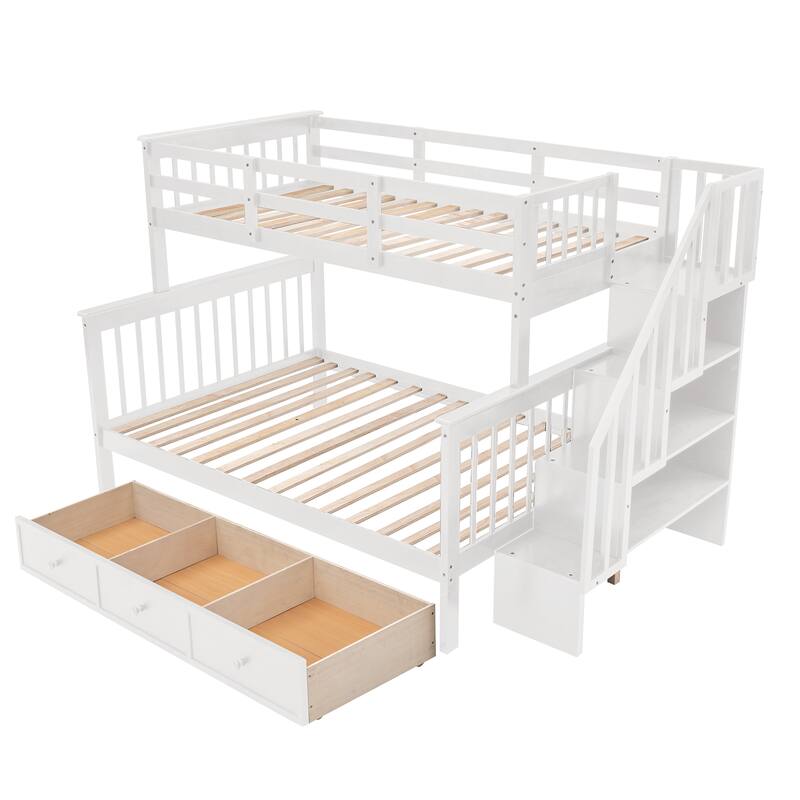 Twin-over-Full Bunk Bed with Drawer and Storage Stairway