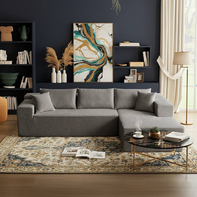 103.54" L-Shaped Modern High-Density Sponge Velvet Modular Sectional Sofa with Chaise & Pillows - Light Grey-Raindrop Velvet - Right Facing