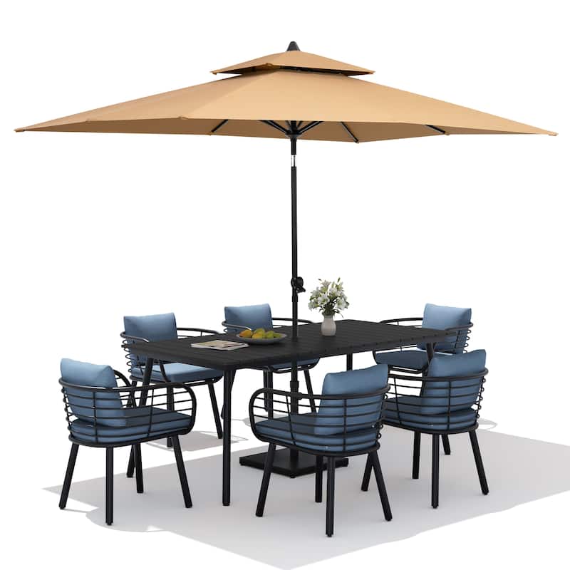 9PC Outdoor Patio Dining Set Aluminum Table with Sunbrella Cushion Chairs w/ Market Umbrella Sets