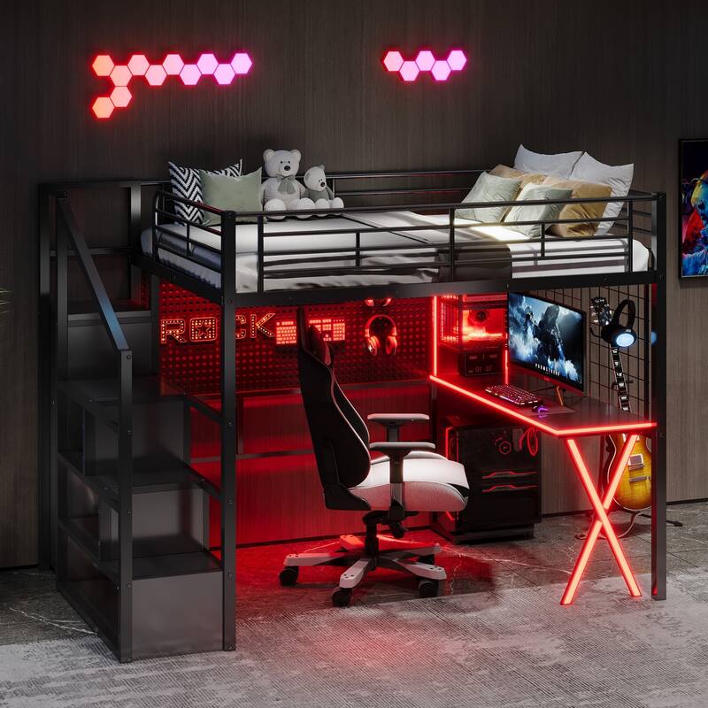 Metal High Loft Bed Frame with Guardrail, Full Size LED Loftbed with Built-in Work Station, Storage Staircase and Wardrobe