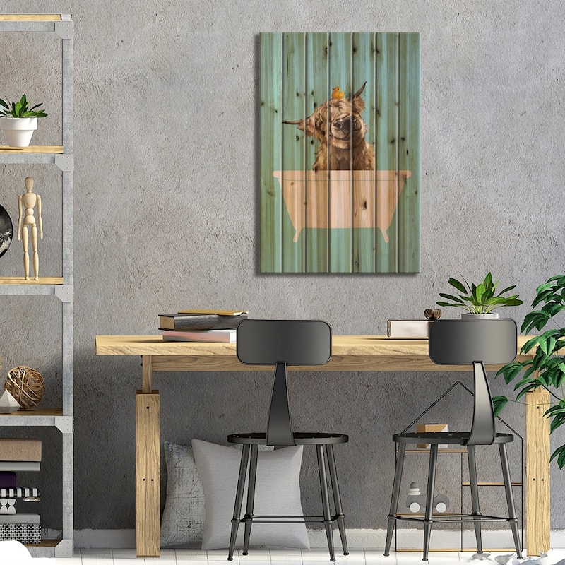 Playful Highland Cow In Bathtub Print On Wood by Big Nose Work - Multi-Color