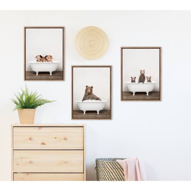 Kate and Laurel Bear Rustic Bubble Bath Framed Canvas by Amy Peterson
