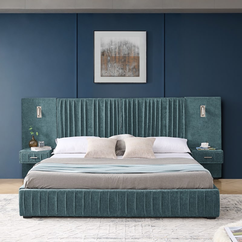 King Size Upholstered Bed Frame with Chenille fabric with pleated design,Grounded King Size Platform Bed