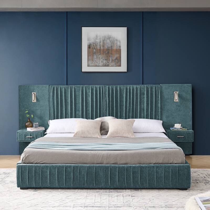 Roomfitters King Upholstered Chenille Platform Bed with Pleated Headboard and Built-In Bedside Tables, Solid Frame
