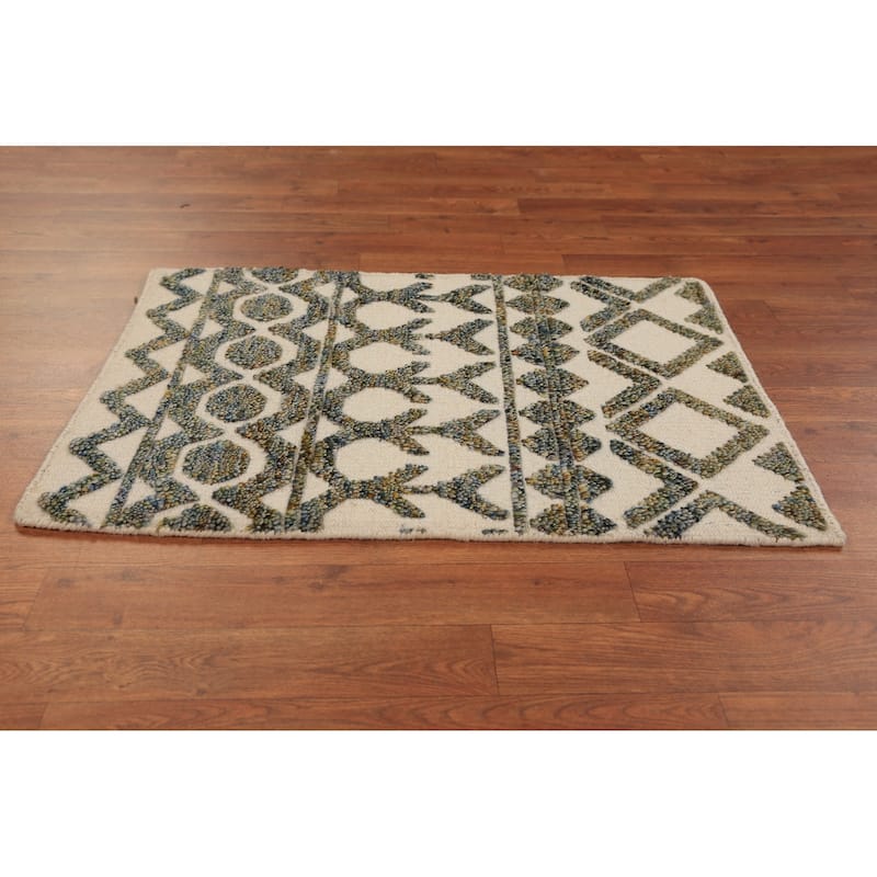 Geometric Moroccan Foyer Rug Handmade Beige Wool Carpet - 2'0"x 3'0"