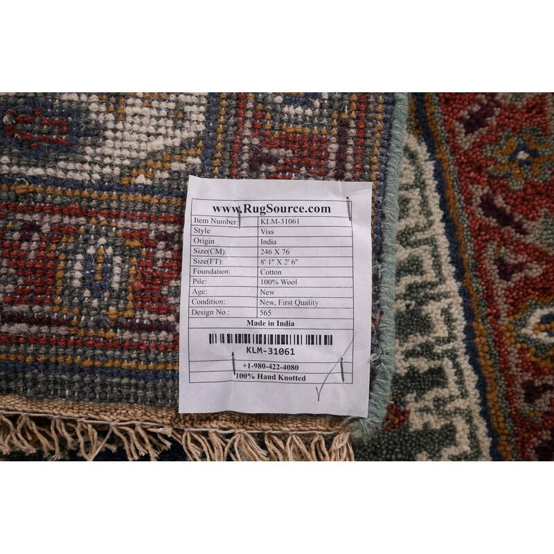 Green Geometric Viss Oriental Runner Rug Handmade Wool Carpet - 2'6"x 8'1"