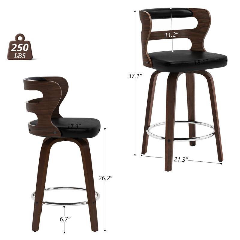 LUE BONA 26"H Modern Walnut Swivel Counter Height Stools, Bar Stools with Backs Set of 3 - 26" H