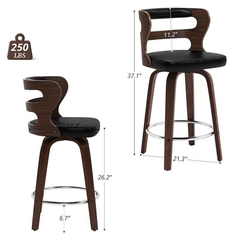 LUE BONA 26"H Modern Walnut Swivel Counter Height Stools, Bar Stools with Backs Set of 3 - 26" H