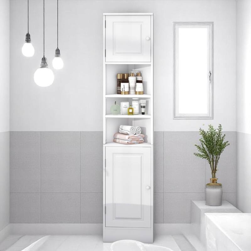 Triangle Corner Bathroom Cabinet with 2 Doors, Open Shelf, Adjustable Storage for Small Space - White