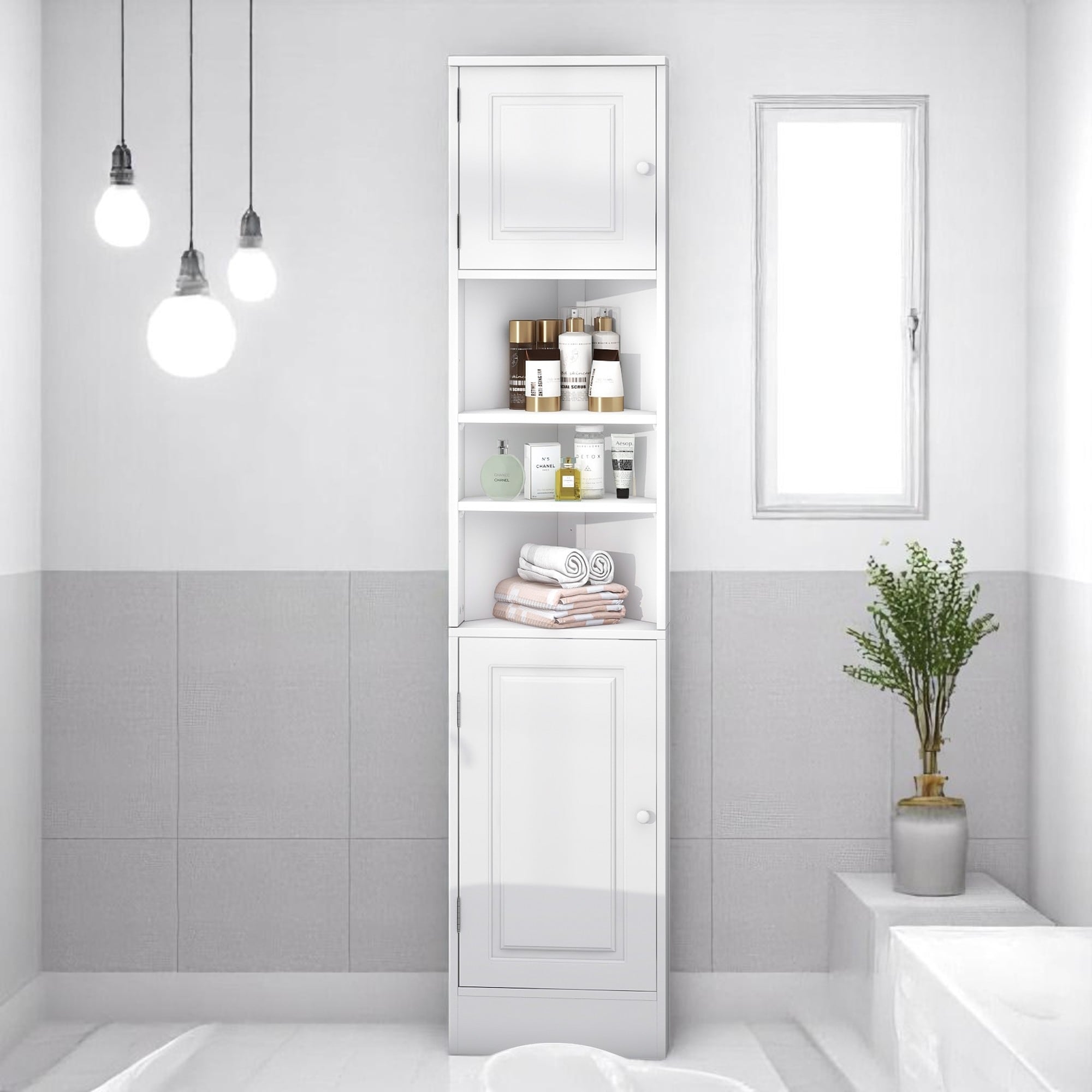 Triangle Corner Bathroom Cabinet with 2 Doors, Open Shelf, Adjustable Storage for Small Space
