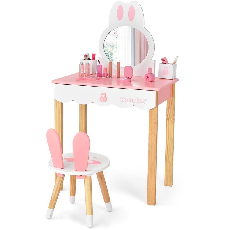 Costway Kids Vanity Set Rabbit Makeup Dressing Table Chair Set W/ - See Details