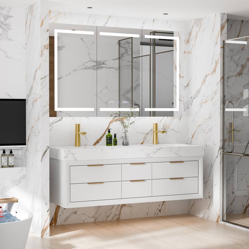 36/48/60 Modern Floating Bathroom Vanity with Sinle/Double Sink & Soft-Close Drawers & LED Lighting & Waterproof, White