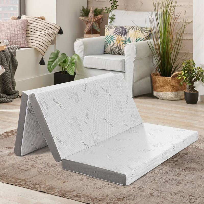 4-Inch White Grey Tri-Fold Design Memory Foam Mattress with Cooling Gel for Home or Travel