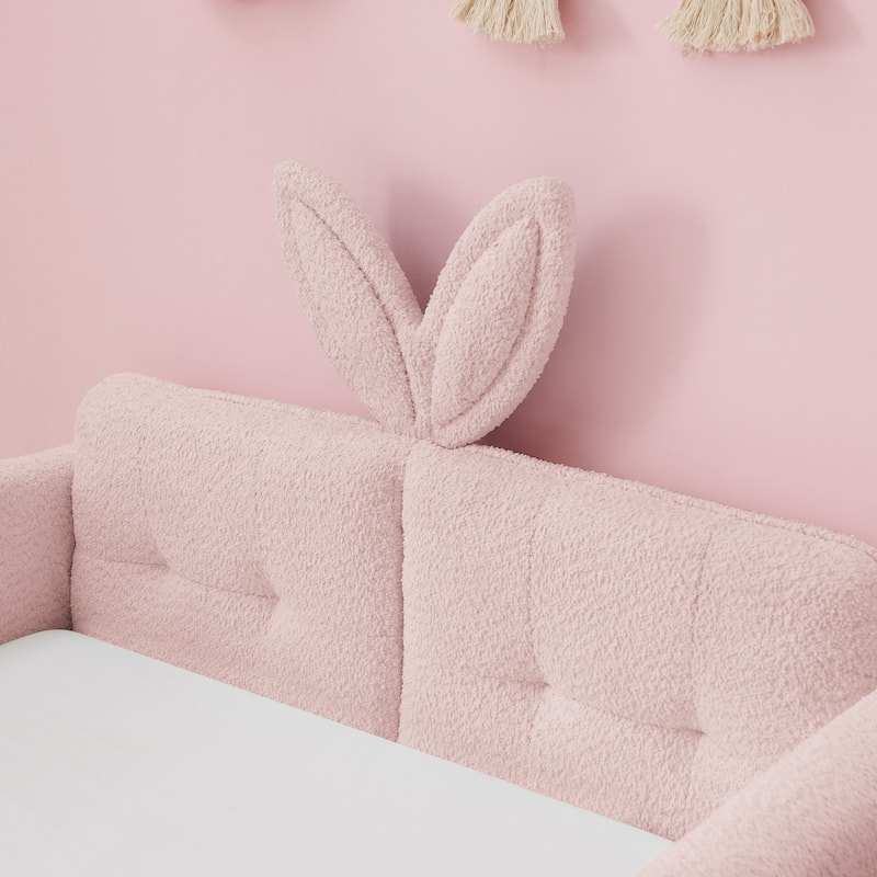 Twin Size Platform Bed Upholstered Bed with Safety Rail and Pocket, Kids Bed with Rabbit Ear, Skin-friendly Boucle Fabric