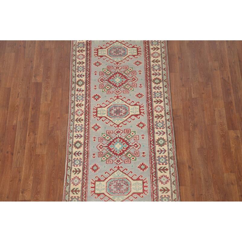 Hand Knotted Oriental 100% Wool Carpet Traditional Geometric Greys & Charcoal Kazak Area Rug - 6' 0'' X 2' 9''