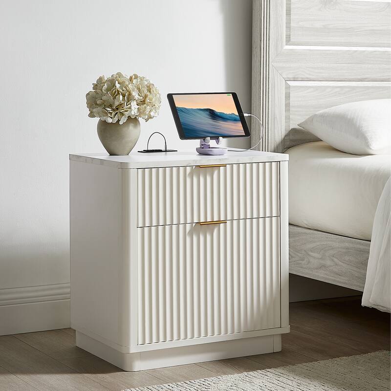 Modern Fluted Nightstand with Charging Station, 2 Drawer Bedside Table - White