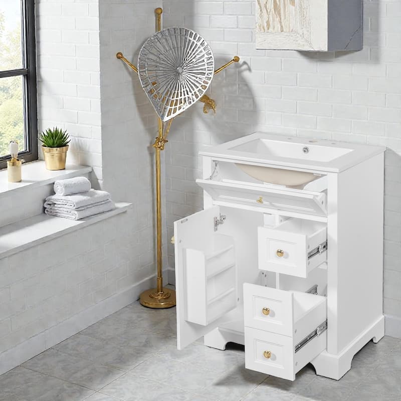 24" Bathroom Vanity with Sink, 3 Drawers and Cabinet with Door Storage Rack, MDF and Pine Wood, Modern Design