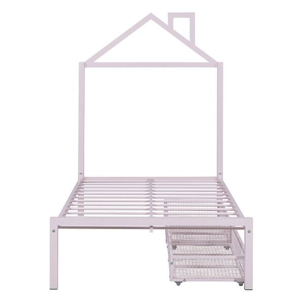 slide 2 of 50, Metal Platform Bed with House Design and Drawers, Twin Size Pink