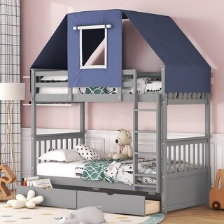 Gray+Blue Twin over Twin Wood Bunk Bed with Drawers & Tent
