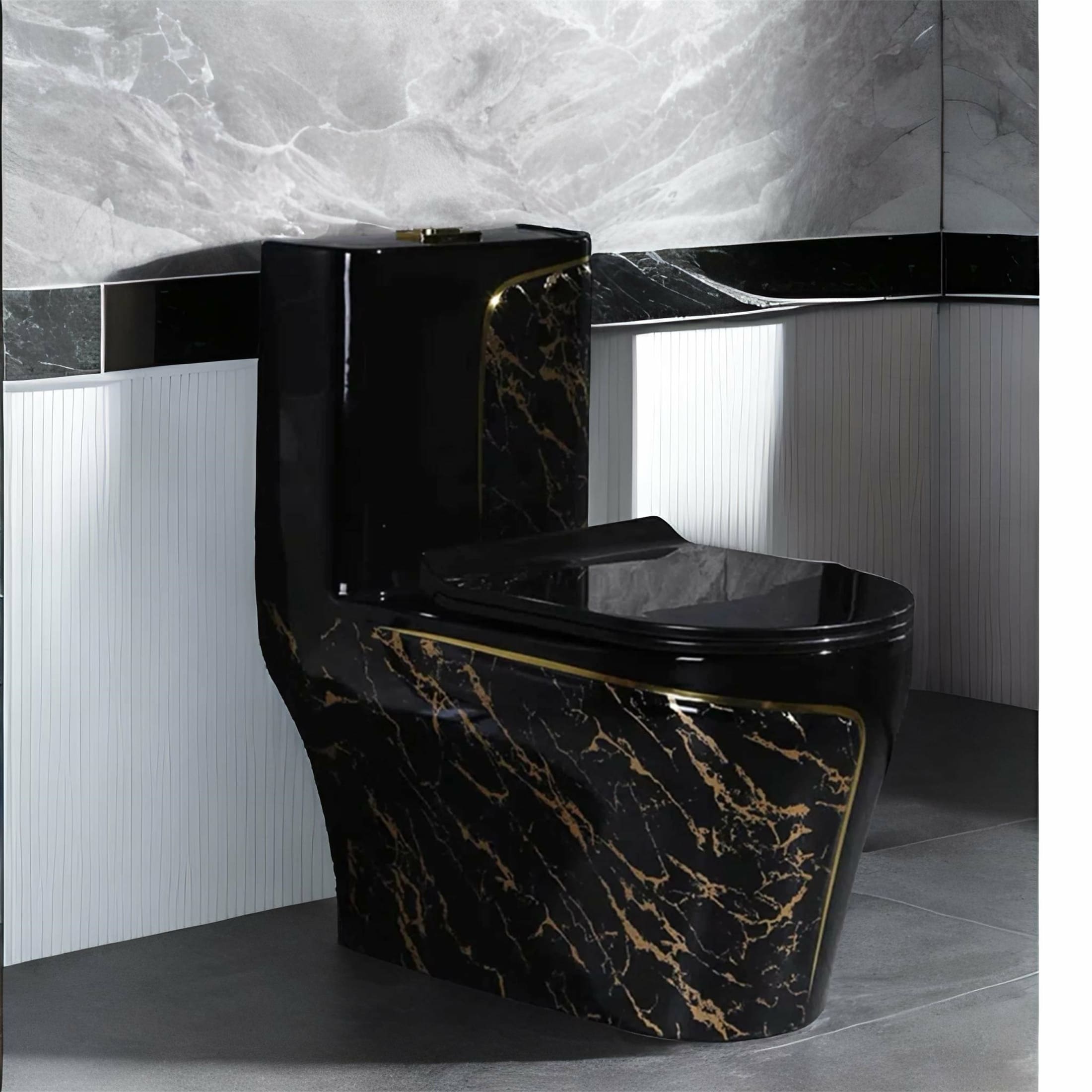 Black Large Pipe Ceramic One Piece Toilet with Seat - On