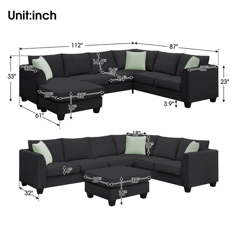 L Shape Fabric Sectional Sofa, 7 Seats Modular Sectional Sofa with Ottoman, 3 Pillows