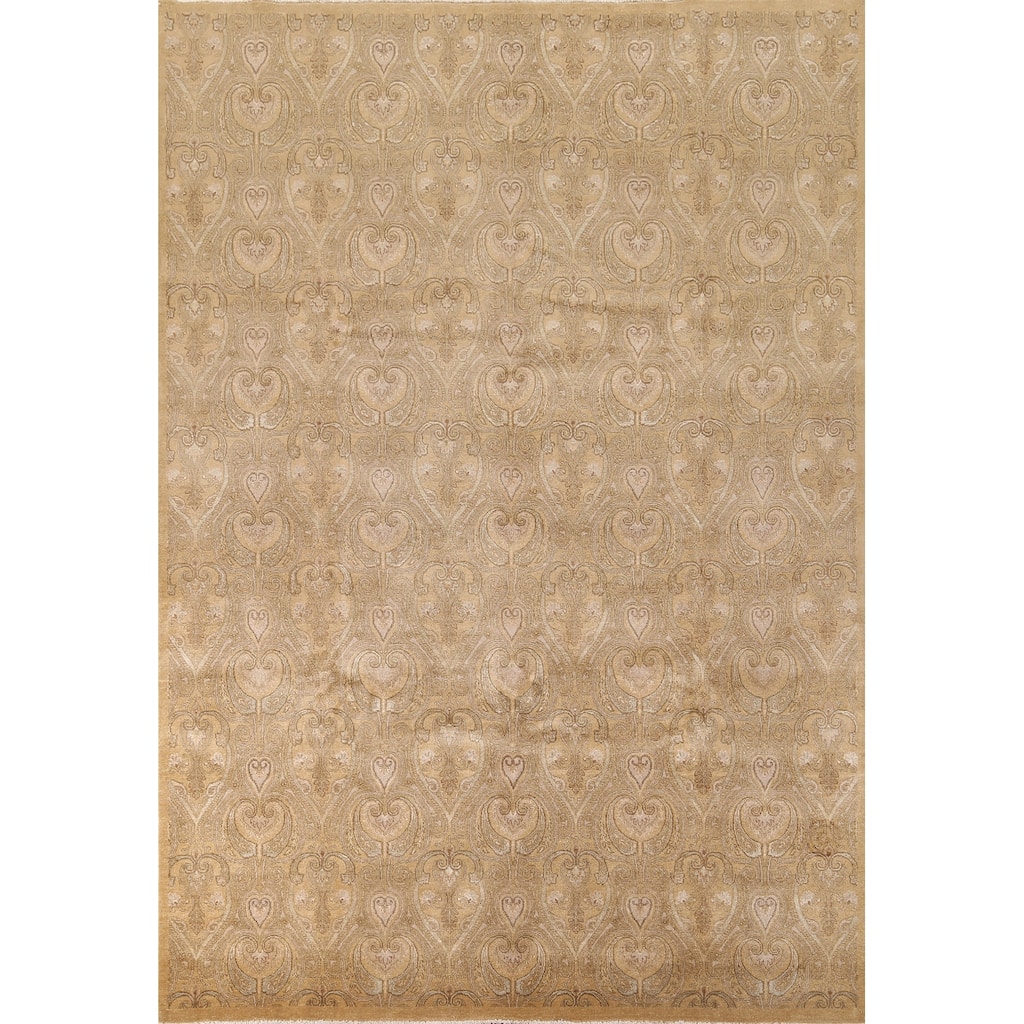 All-Over Gold Agra Oriental Area Rug Hand-Knotted Wool Carpet - 9'1" x 12'3"