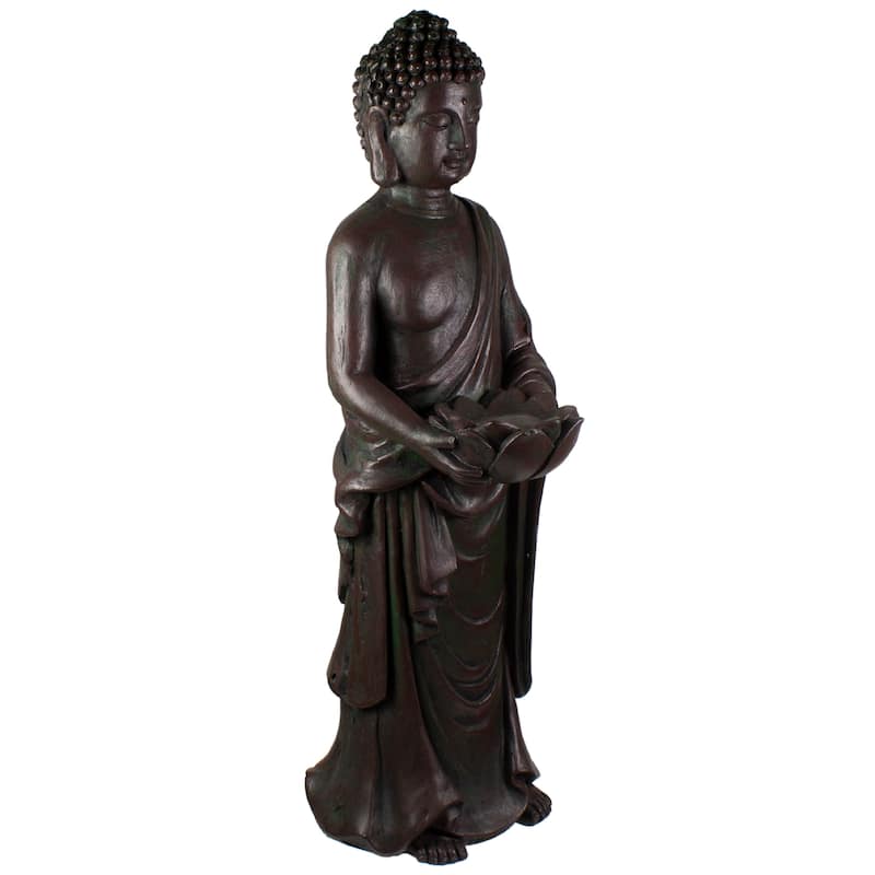 19.5" Gray Standing Buddha with Lotus Outdoor Garden Statue