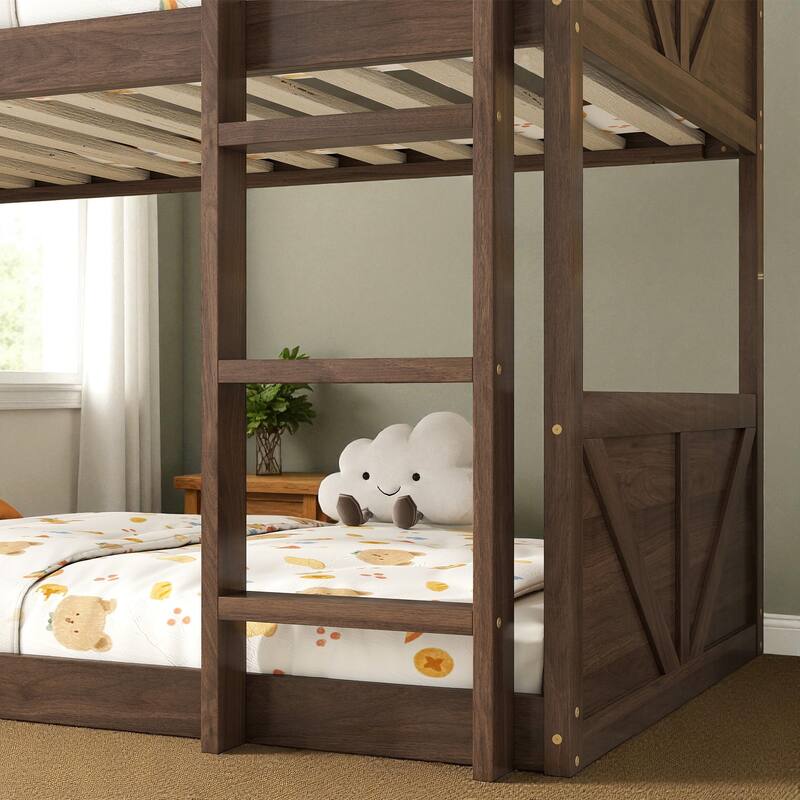 Twin Over Twin Floor Bunk Bed with Ladder and Guardrails, Solid Rubber Wood Frame with Panel Headboard and Footboard