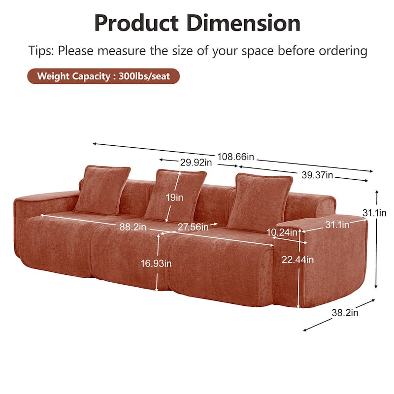 Streamlined Design Modular 3 Seat Boneless Velvet Fabric Sofa - 8' x 10'